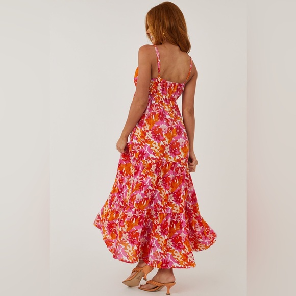 She+Sky Floral Deep V Maxi Dress S Straps Summer Sundress Tangerine & Fuchsia - Picture 2 of 16